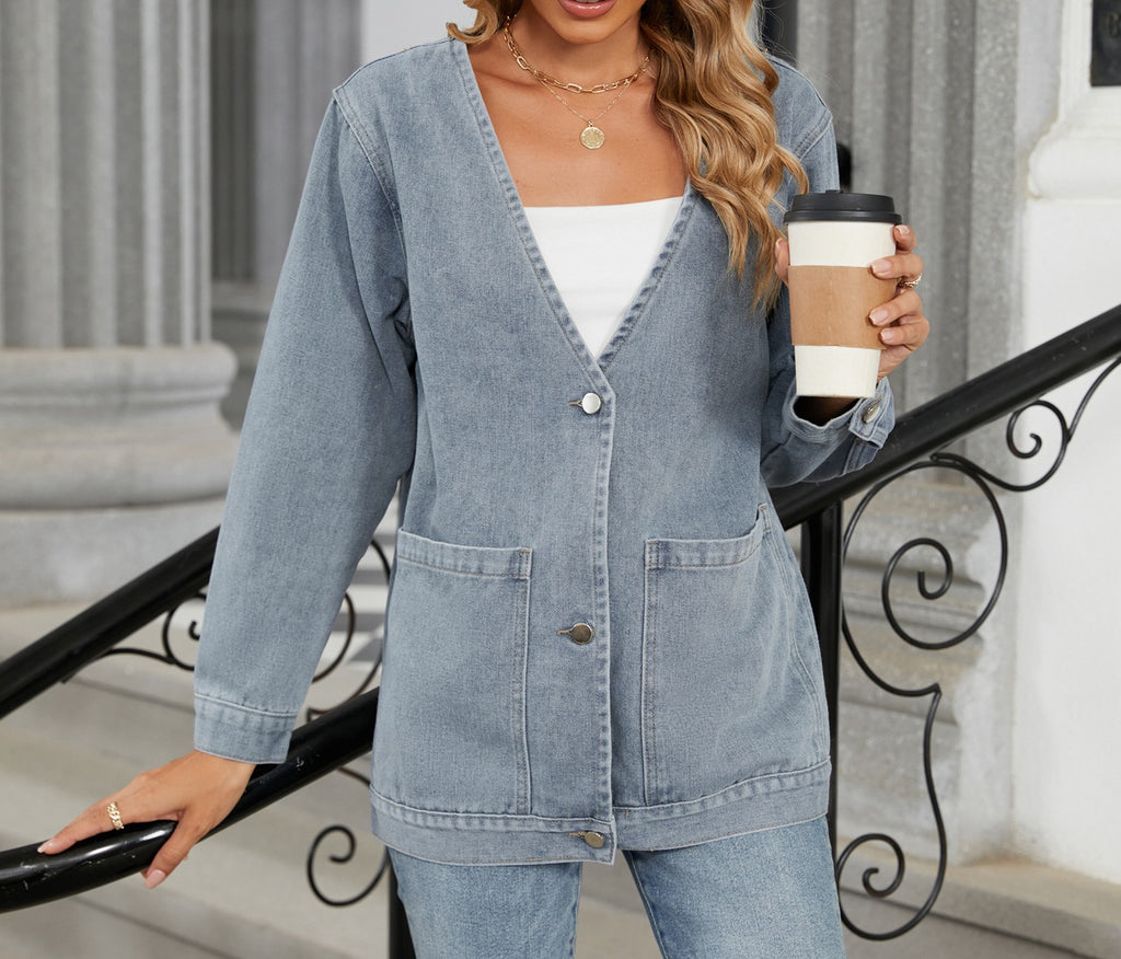 Women's Autumn Washed Denim Jacket - Long-Sleeve V-Neck Casual Jean Top