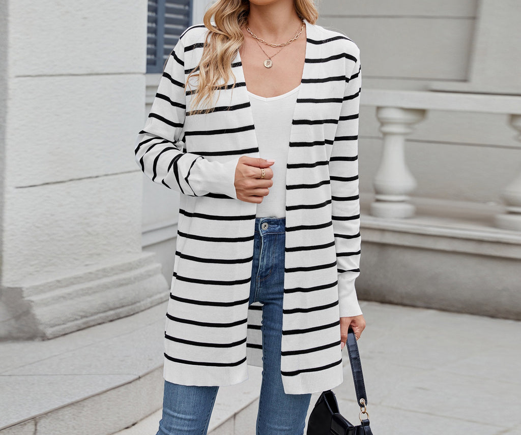 Women's Long Knitted Cardigan - Striped Open-Front Sweater Coat