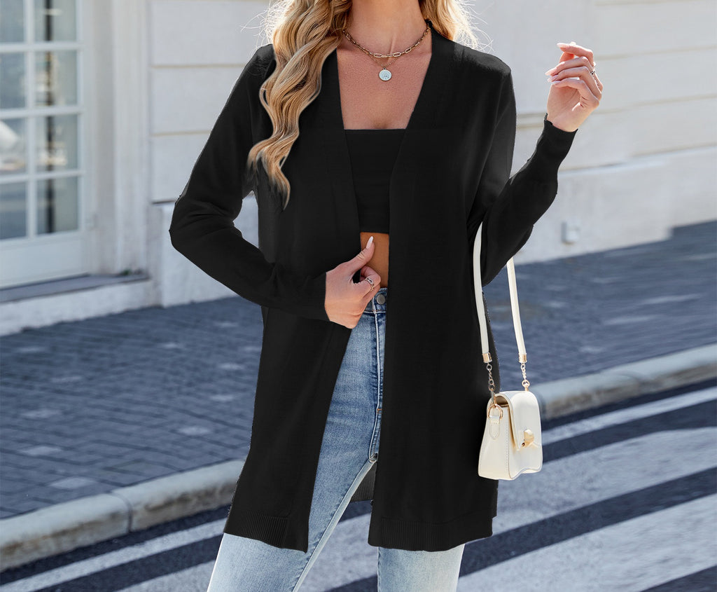 Women's Long Knitted Cardigan - Striped Open-Front Sweater Coat