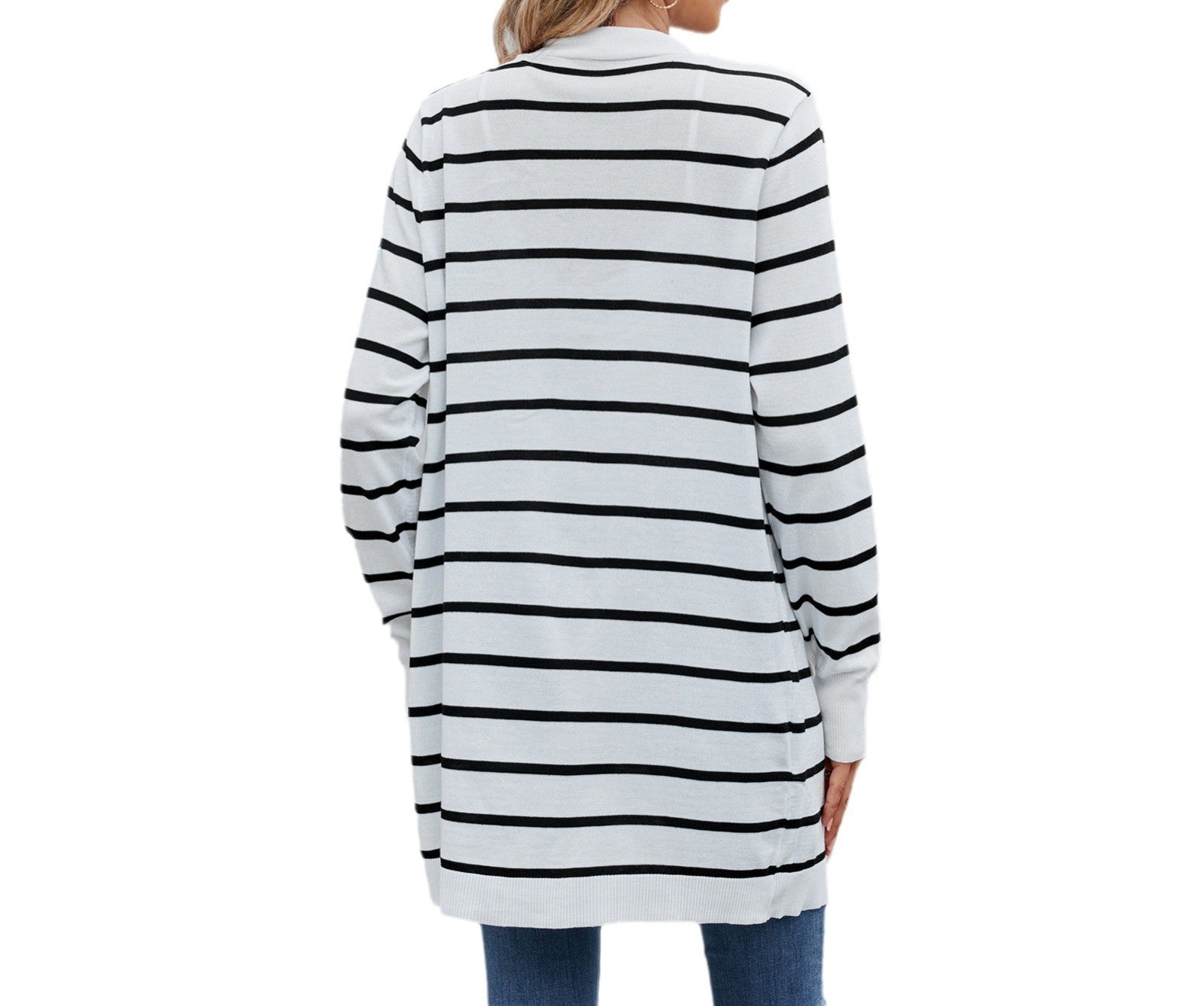 Women's Long Knitted Cardigan - Striped Open-Front Sweater Coat