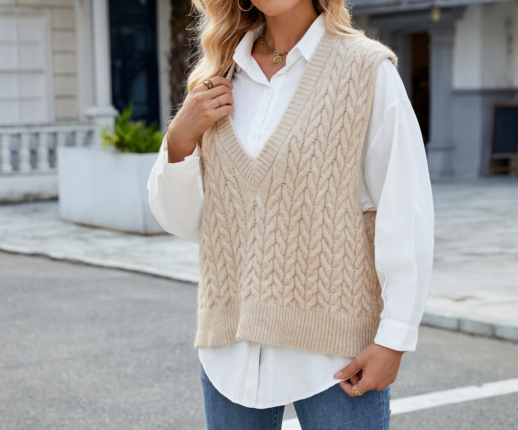 Women's Retro V-Neck Twisted Rope Knit Vest - Sleeveless Pullover Sweater Top