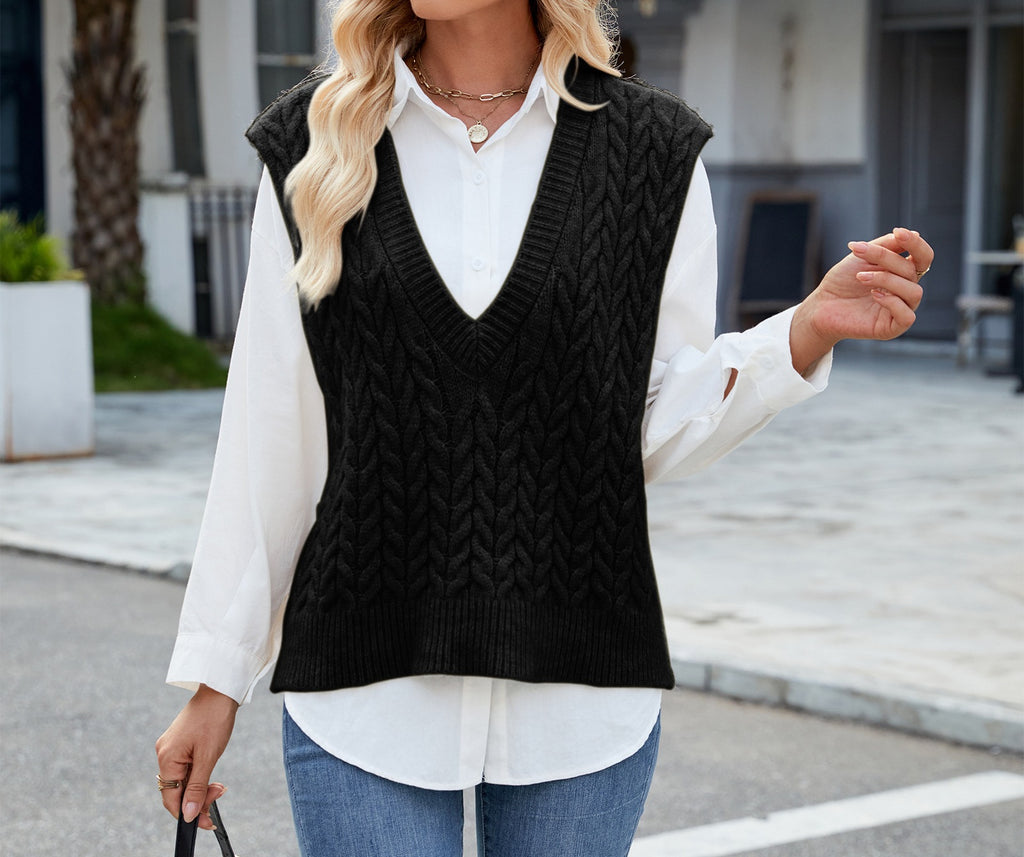 Women's Retro V-Neck Twisted Rope Knit Vest - Sleeveless Pullover Sweater Top
