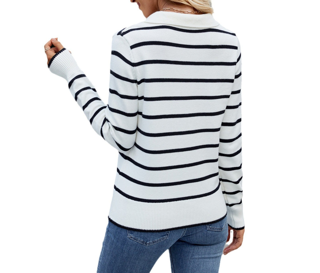 Women's Spring Casual Striped Sweater - Long-Sleeved Knitted Pullover Top