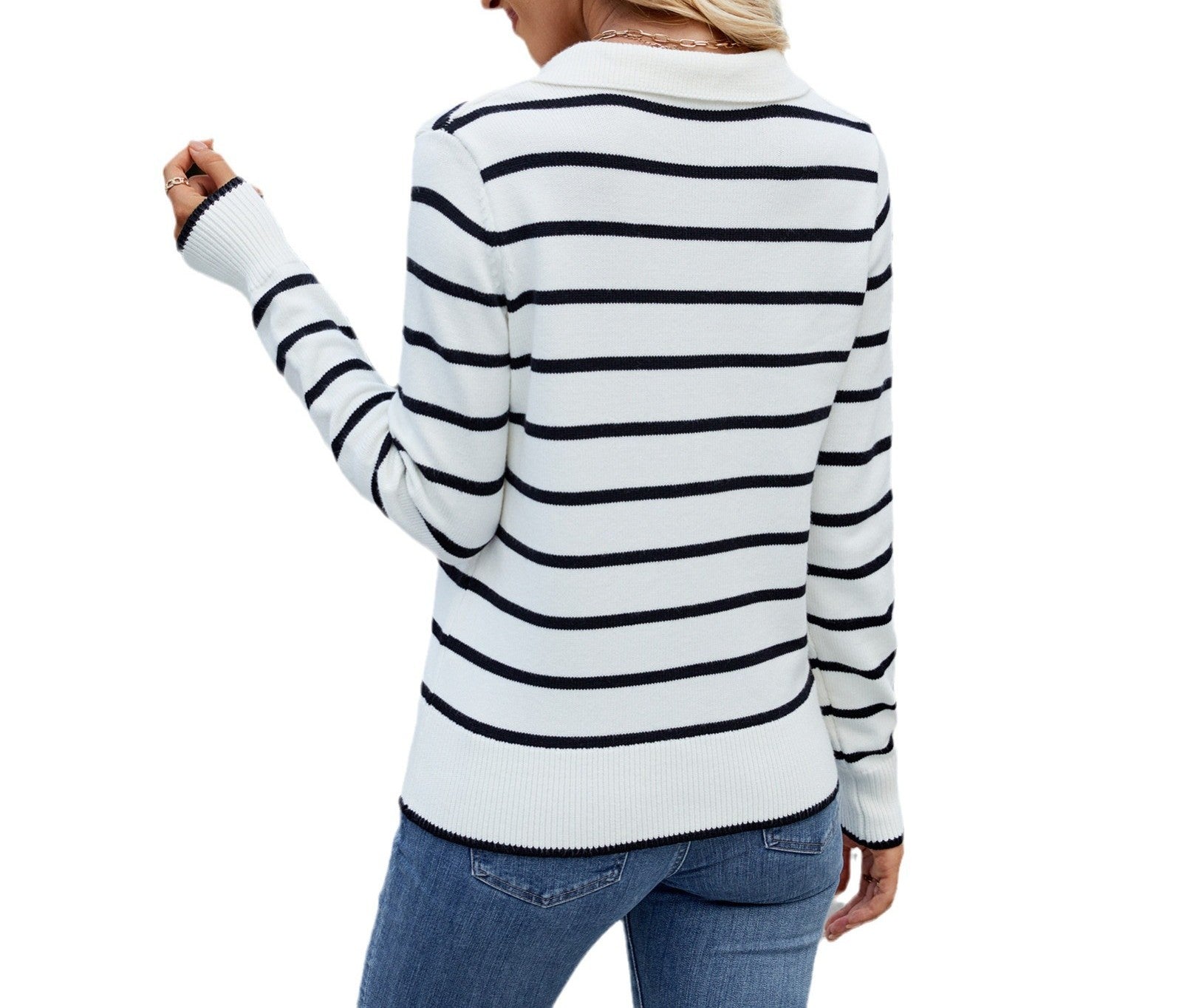 Women's Spring Casual Striped Sweater - Long-Sleeved Knitted Pullover Top
