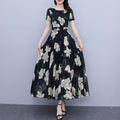 Women Short Sleeve Beautiful Flower Printed Long Length V-Neck Fabulous Thin Dress
