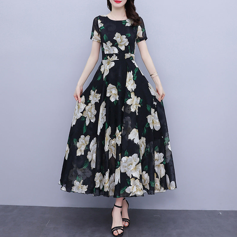 Women Short Sleeve Beautiful Flower Printed Long Length V-Neck Fabulous Thin Dress