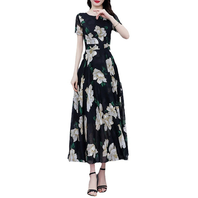 Women Short Sleeve Beautiful Flower Printed Long Length V-Neck Fabulous Thin Dress