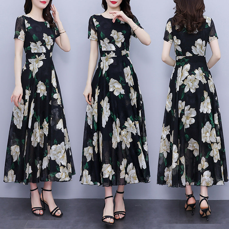 Women Short Sleeve Beautiful Flower Printed Long Length V-Neck Fabulous Thin Dress