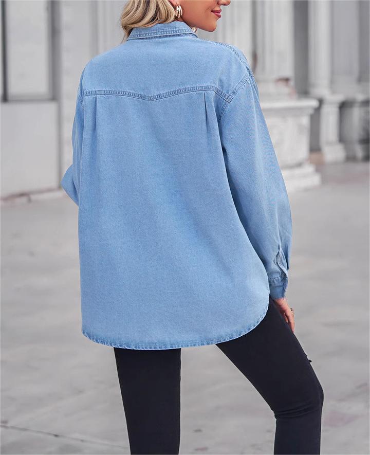 Women's Blue Slim Fit Denim Long-Sleeved Shirt