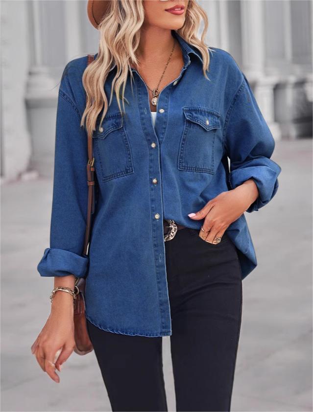 Women's Blue Slim Fit Denim Long-Sleeved Shirt
