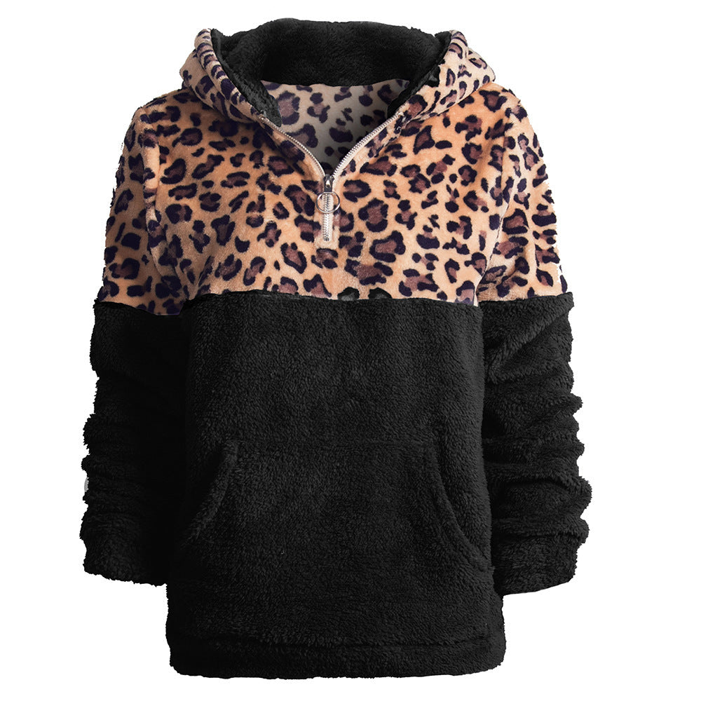 Women's Leopard Stitching Long Sleeve Hooded Sweater
