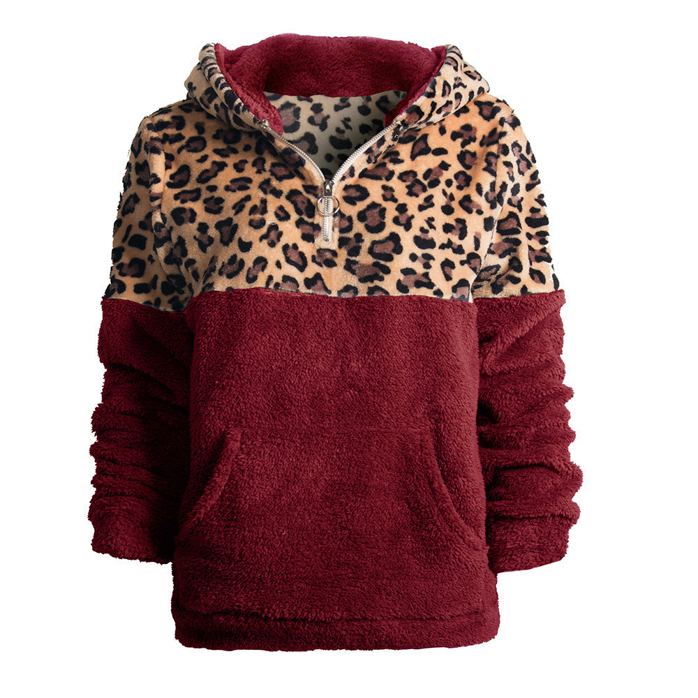 Women's Leopard Stitching Long Sleeve Hooded Sweater