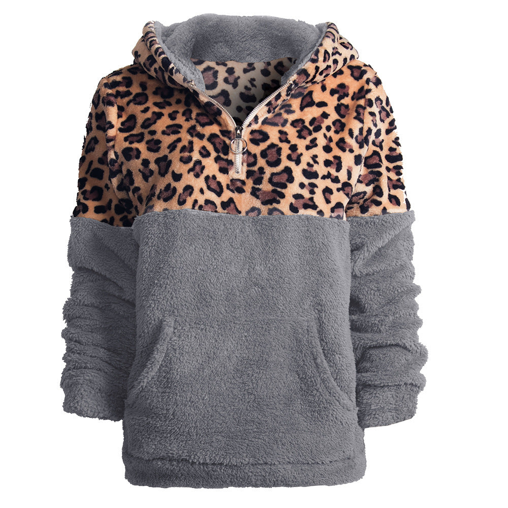 Women's Leopard Stitching Long Sleeve Hooded Sweater