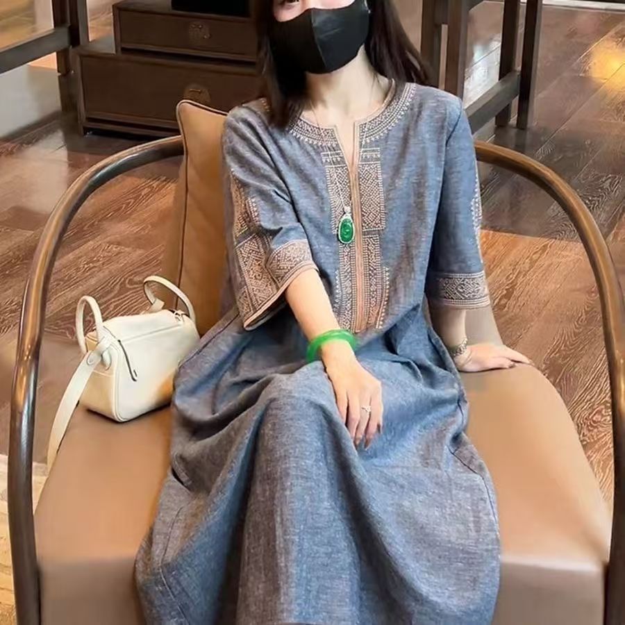 Women Drawstring Waist Embroidered Denim Dress