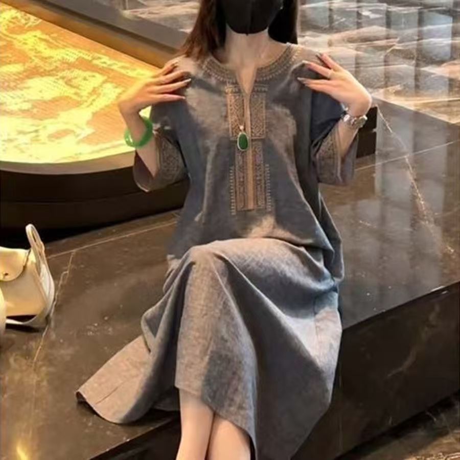 Women Drawstring Waist Embroidered Denim Dress