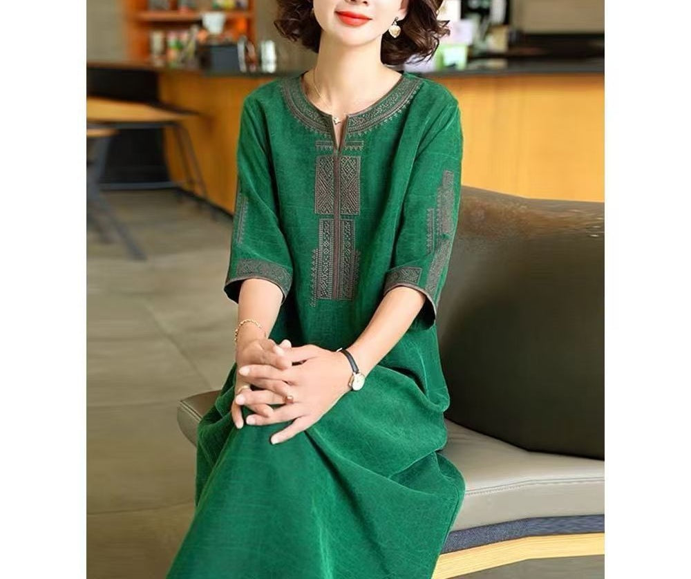 Women Drawstring Waist Embroidered Denim Dress