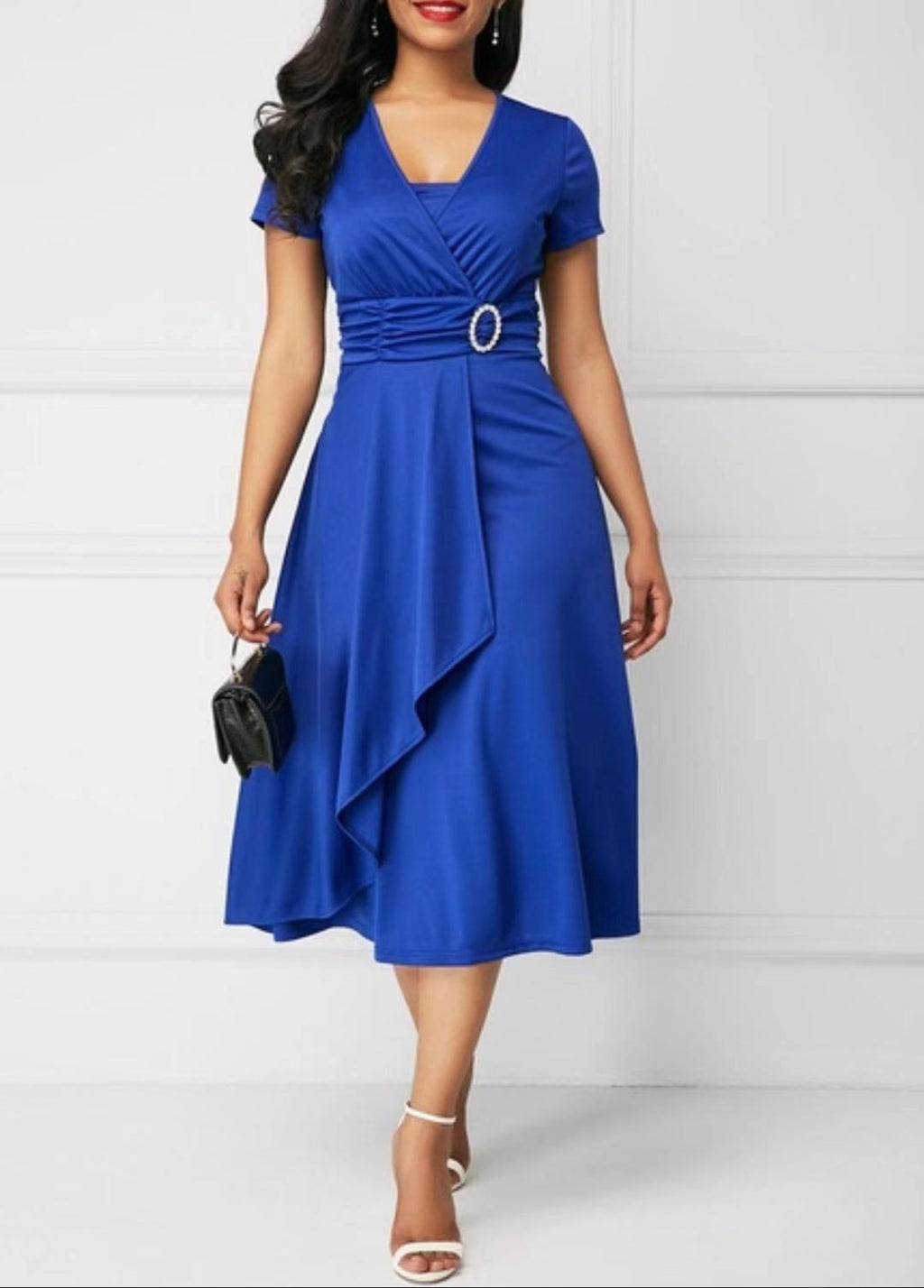 Women Short Sleeve Elegant Solid Pattern Mid Length A-Line Skirt Wonderful Classy Dress
