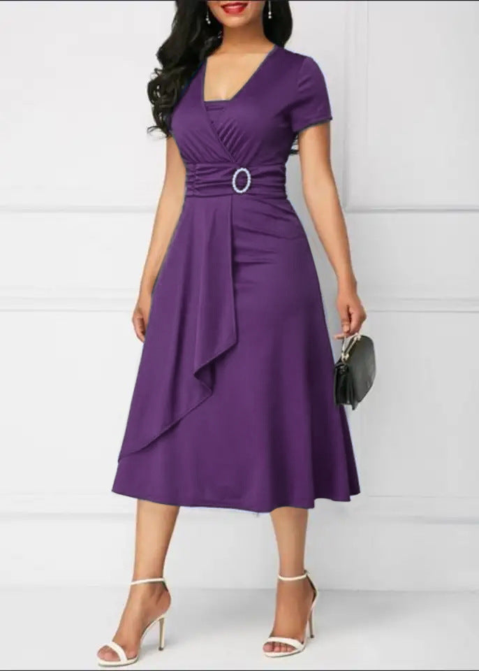 Women Short Sleeve Elegant Solid Pattern Mid Length A-Line Skirt Wonderful Classy Dress