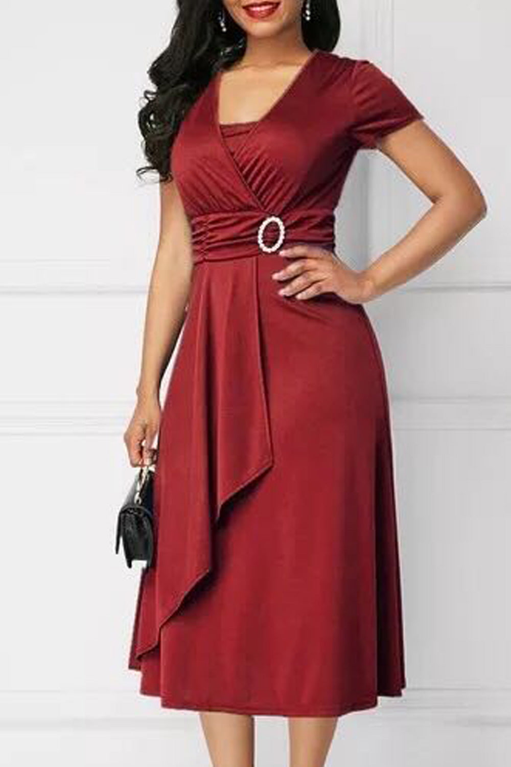 Women Short Sleeve Elegant Solid Pattern Mid Length A-Line Skirt Wonderful Classy Dress