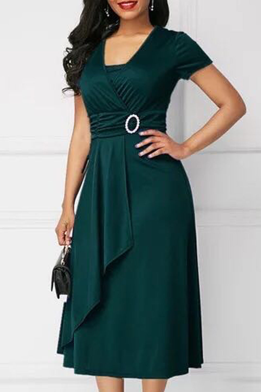 Women Short Sleeve Elegant Solid Pattern Mid Length A-Line Skirt Wonderful Classy Dress