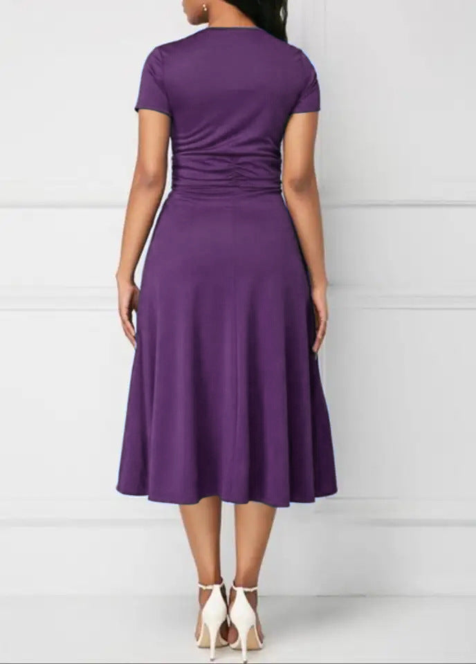 Women Short Sleeve Elegant Solid Pattern Mid Length A-Line Skirt Wonderful Classy Dress