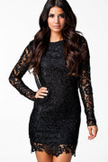 Womens Lace Stiched Bodycon Long Sleeves Mini Dress Black