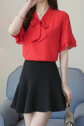Women Thin Summer Cool Solid Colored Trumpet Short Sleeve Pretty Shirt