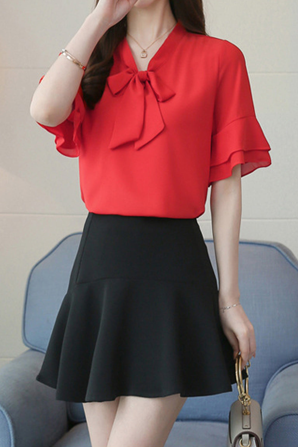 Women Thin Summer Cool Solid Colored Trumpet Short Sleeve Pretty Shirt