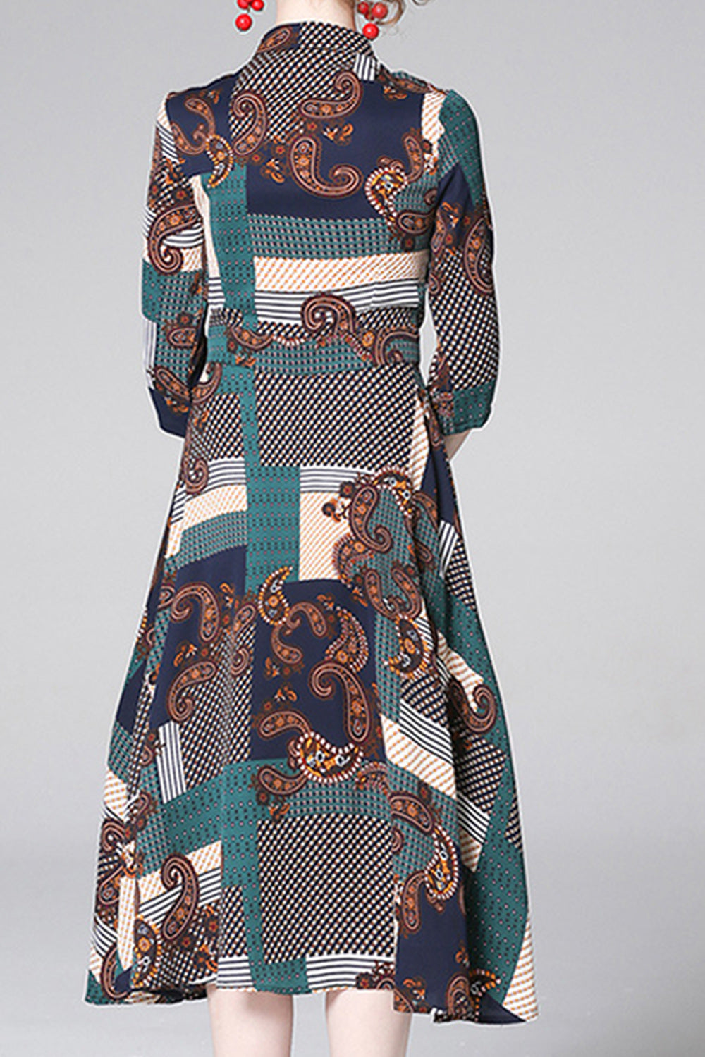 Women Half Sleeve Mid Length Stand Collar Neck Summer Thin Printed Dress