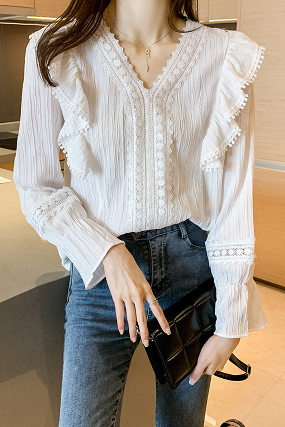 Women Long Sleeve Trendy V-Neck Solid Pattern Magnificent Shirt