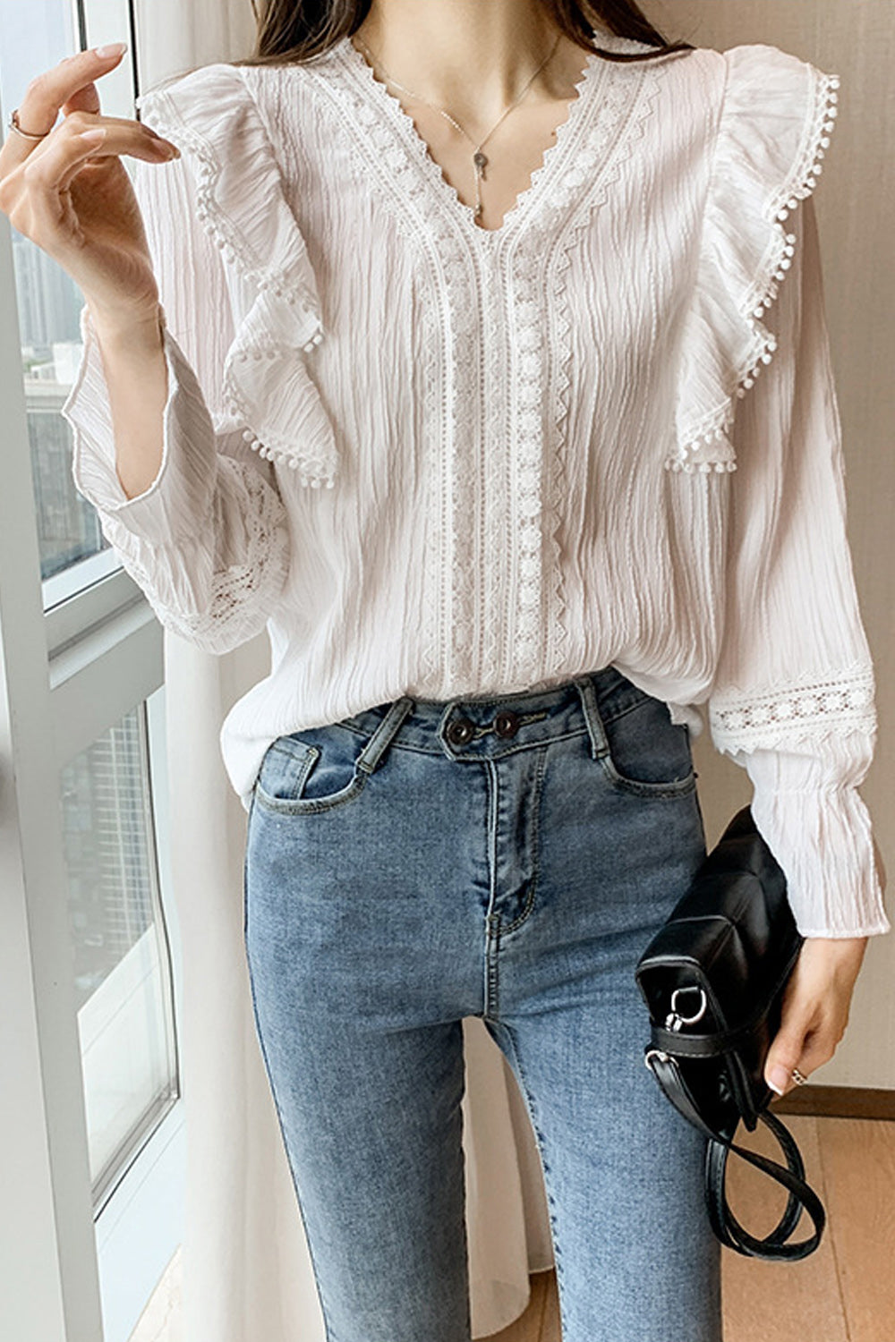 Women Long Sleeve Trendy V-Neck Solid Pattern Magnificent Shirt