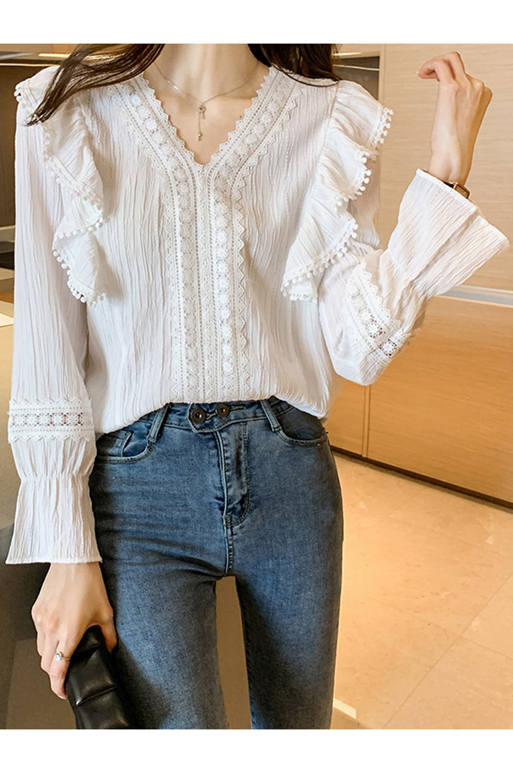 Women Long Sleeve Trendy V-Neck Solid Pattern Magnificent Shirt