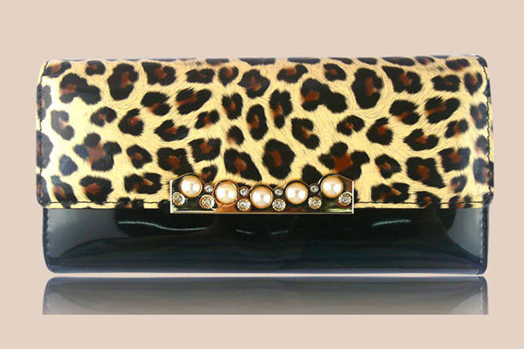 Women's New Design Leopard Printed  Leather Black Wallet