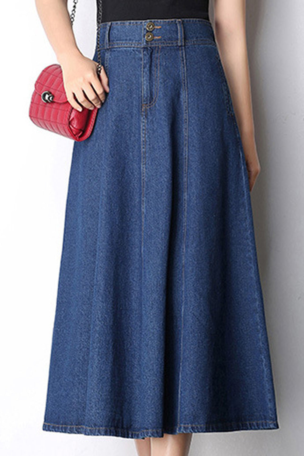 Women A-Line Solid Colored Side Pockets Casual Summer Denim Skirt