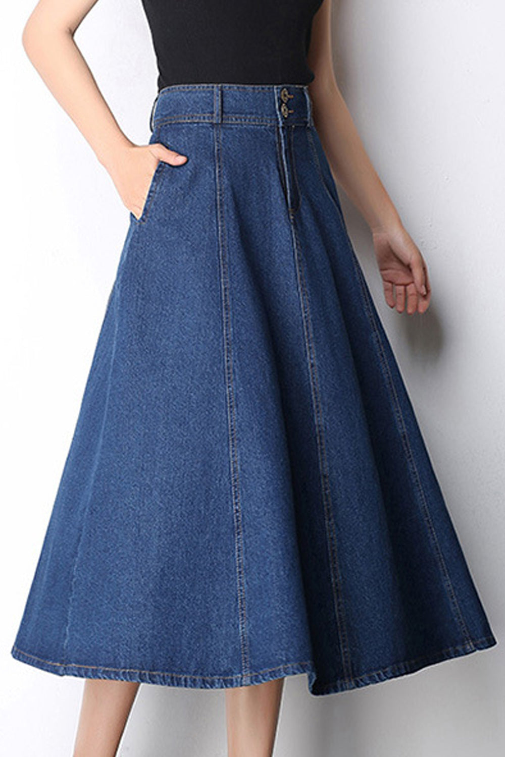 Women A-Line Solid Colored Side Pockets Casual Summer Denim Skirt
