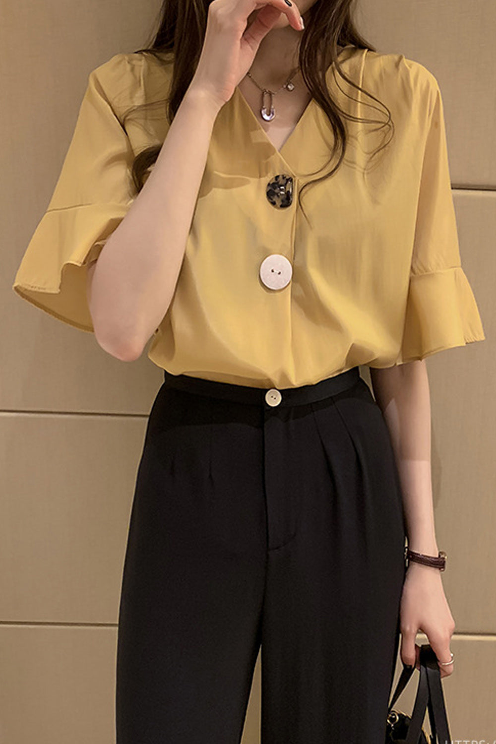 Women Summer Short Sleeve V-Neck Elegant Solid Colored Fascinating Shirt
