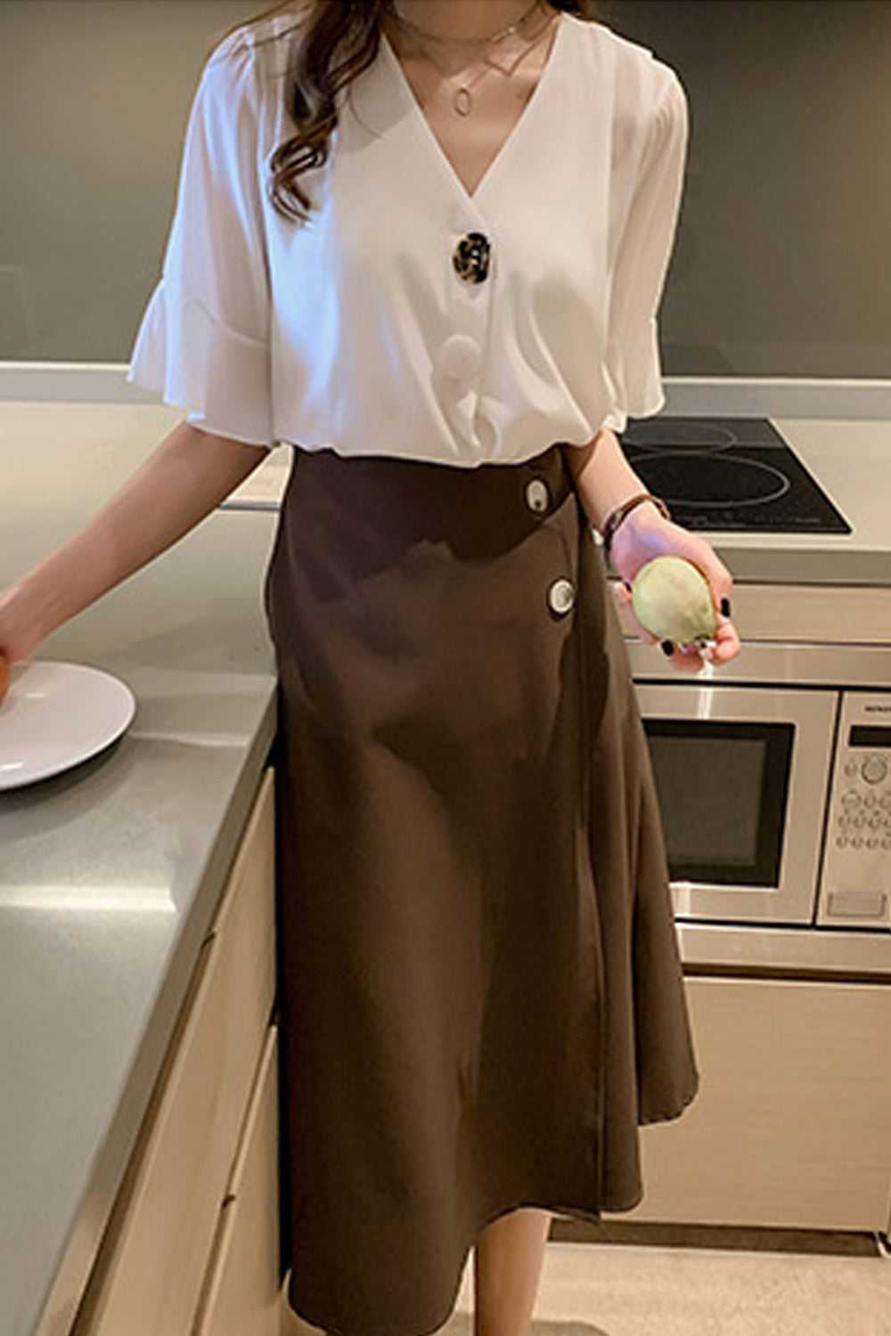 Women Summer Short Sleeve V-Neck Elegant Solid Colored Fascinating Shirt