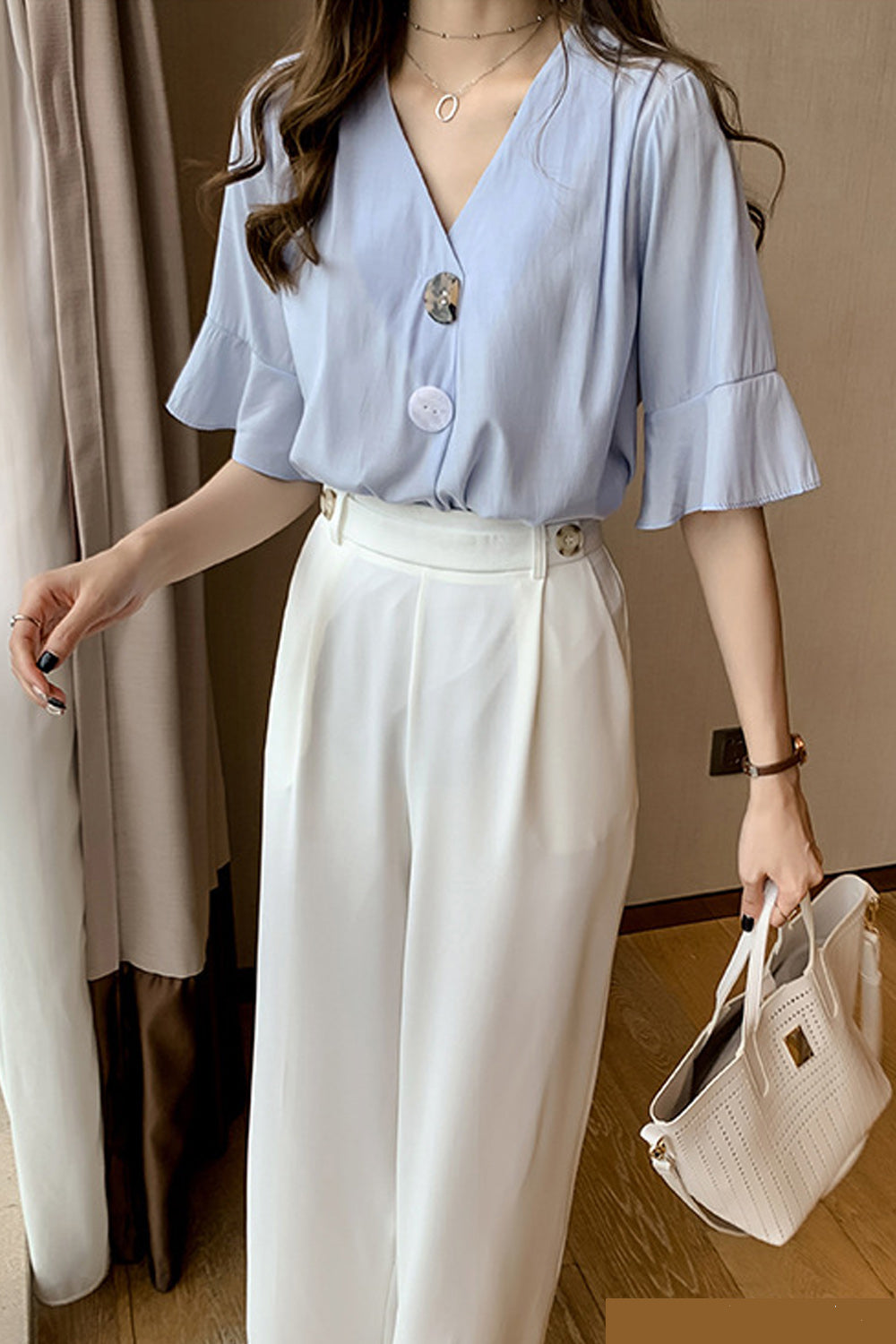Women Summer Short Sleeve V-Neck Elegant Solid Colored Fascinating Shirt