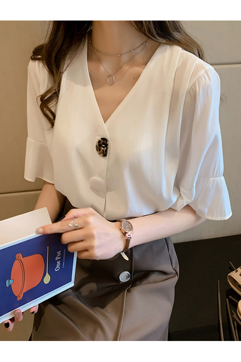 Women Summer Short Sleeve V-Neck Elegant Solid Colored Fascinating Shirt