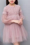 Kids Girls Thin Long Sleeve Solid Colored Thin Mesh Breathable Lace Bust Cute Dress