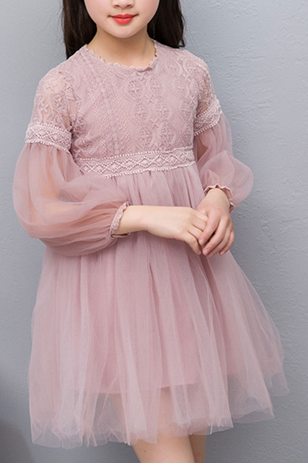 Kids Girls Thin Long Sleeve Solid Colored Thin Mesh Breathable Lace Bust Cute Dress