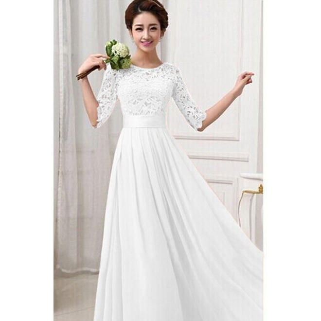 Women Winter Party Dresses Lace Designed Long Chiffon Wedding Dresses Prom Dress White