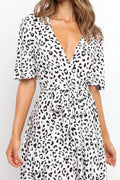 Women Deep V-Neck Leopard Pattern Short Sleeve Loose Breathable Comfy Dress