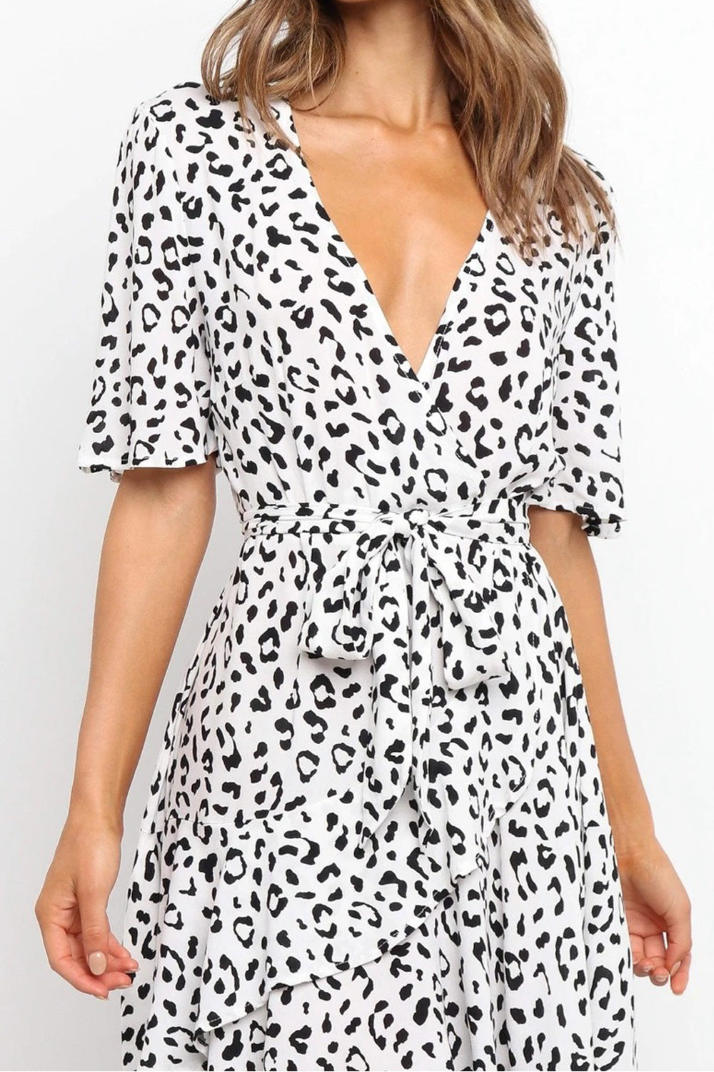 Women Deep V-Neck Leopard Pattern Short Sleeve Loose Breathable Comfy Dress