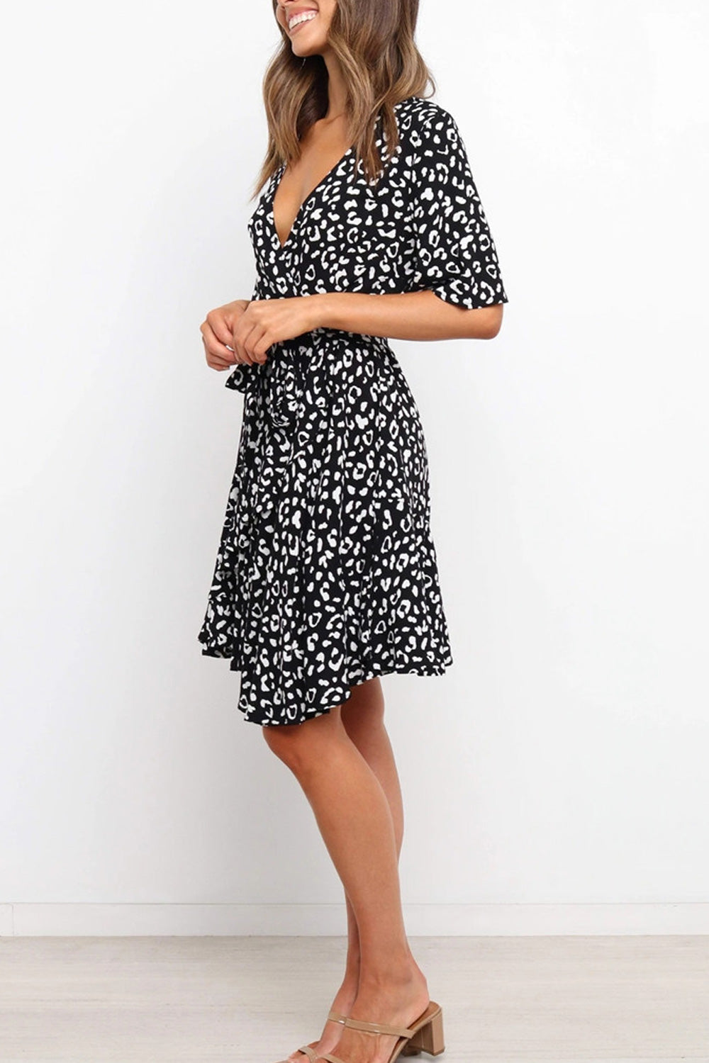 Women Deep V-Neck Leopard Pattern Short Sleeve Loose Breathable Comfy Dress