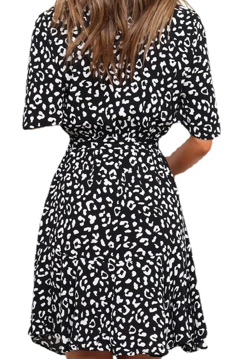 Women Deep V-Neck Leopard Pattern Short Sleeve Loose Breathable Comfy Dress