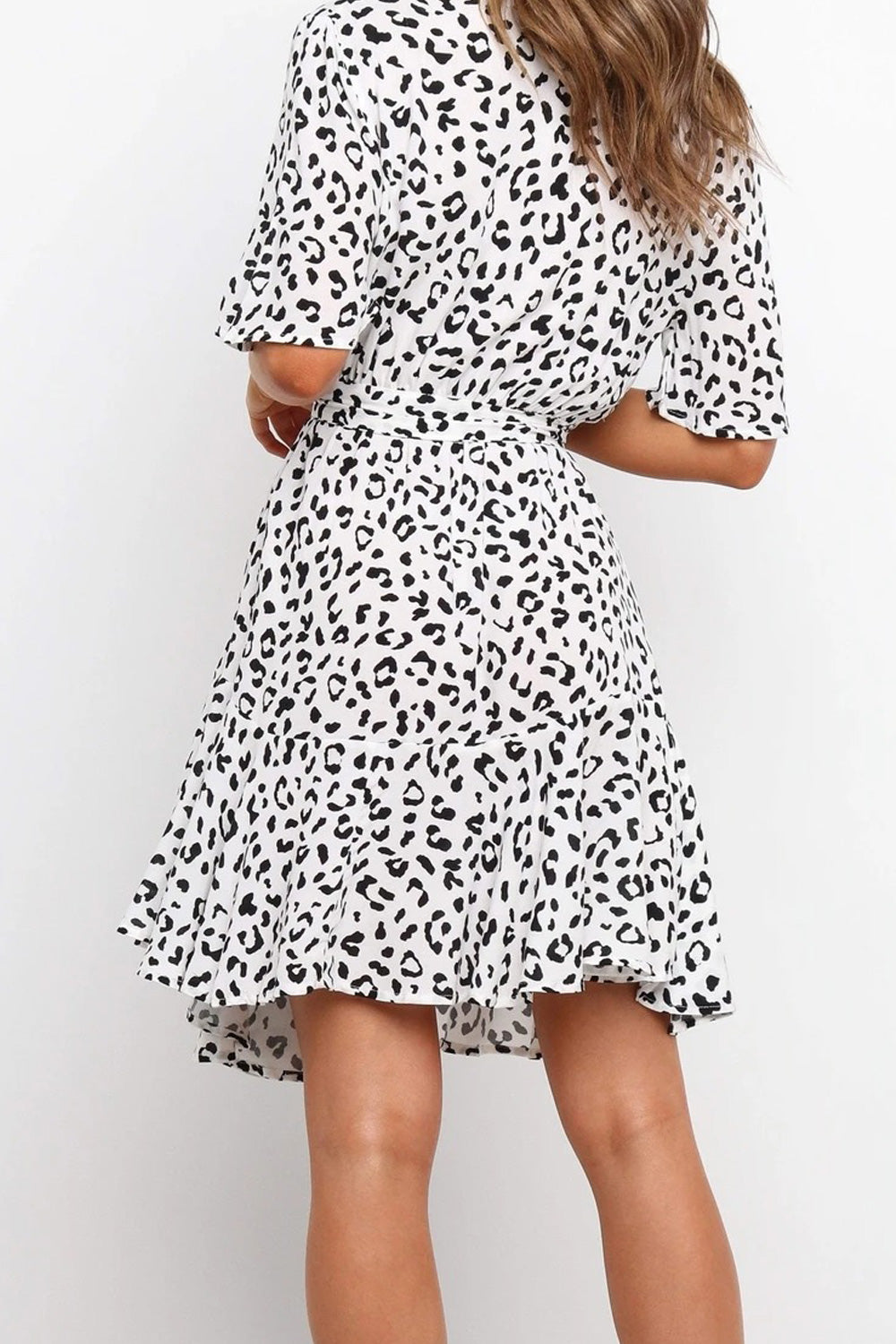 Women Deep V-Neck Leopard Pattern Short Sleeve Loose Breathable Comfy Dress