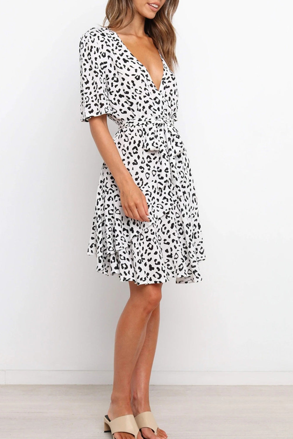 Women Deep V-Neck Leopard Pattern Short Sleeve Loose Breathable Comfy Dress