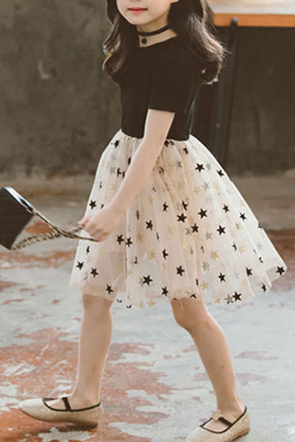 Kids Girls Lovely Star Printed Skirt Short Sleeve Round Neck Magnificent Dress