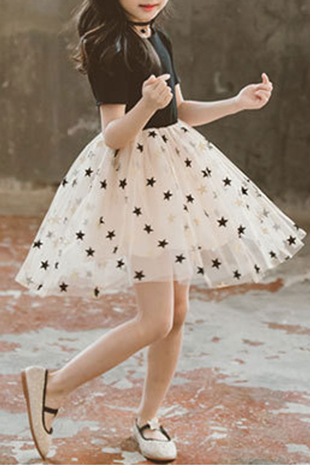Kids Girls Lovely Star Printed Skirt Short Sleeve Round Neck Magnificent Dress